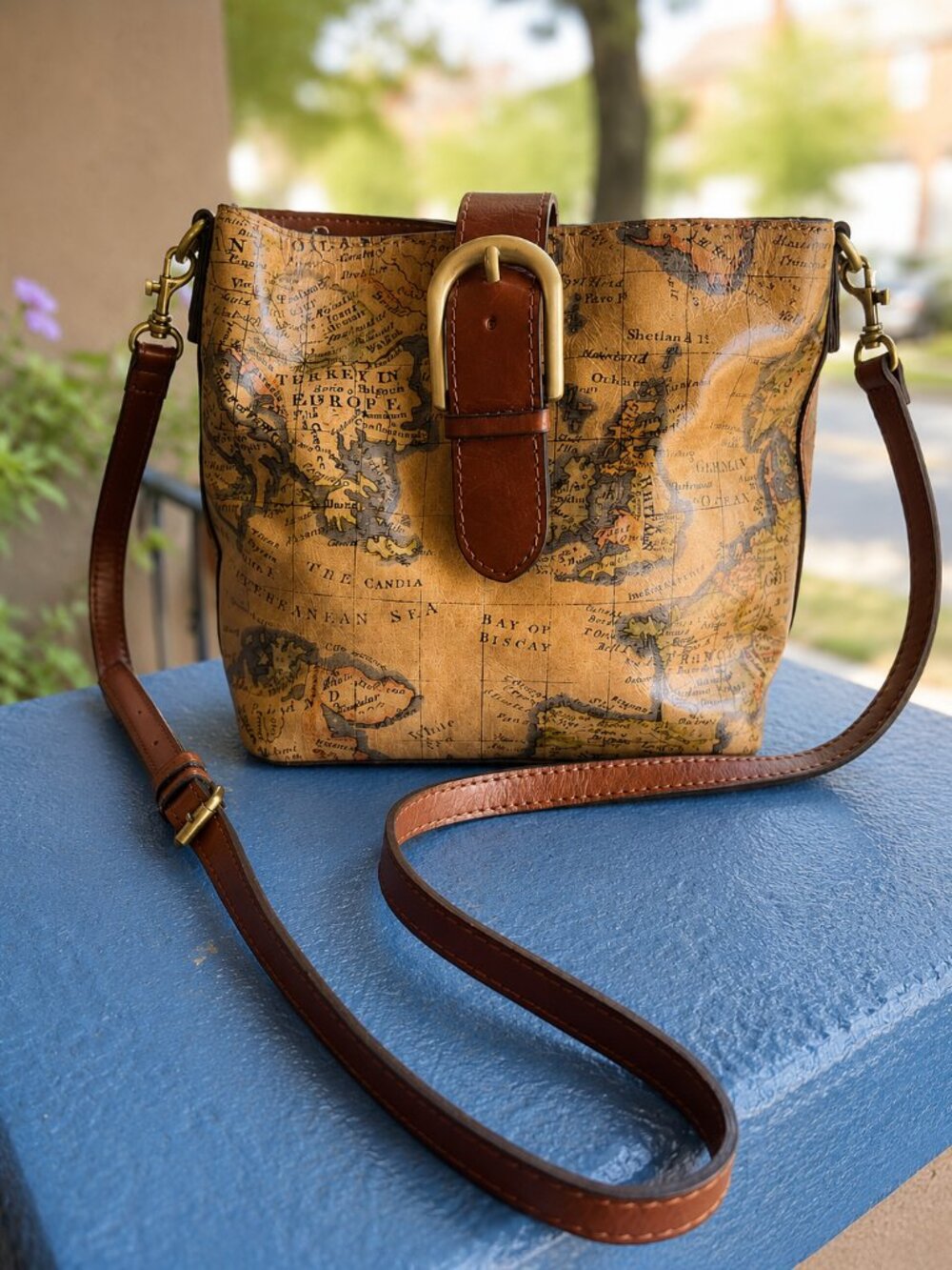 Patricia Nash Irving Bucket European Map Print Leather Crossbody Bag